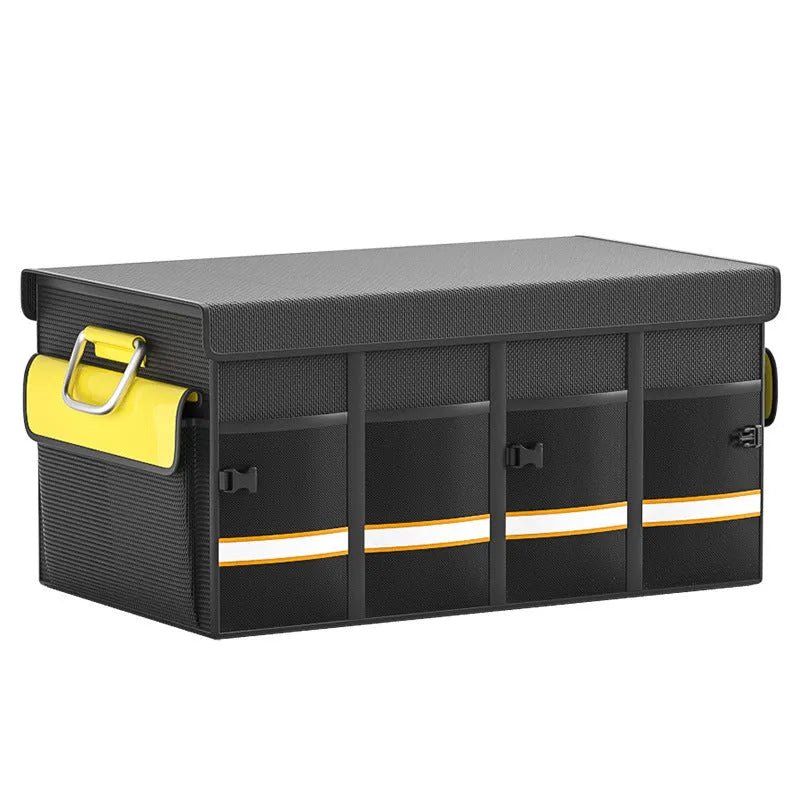 Black and yellow foldable car trunk storage bag with handle in three capacity sizes