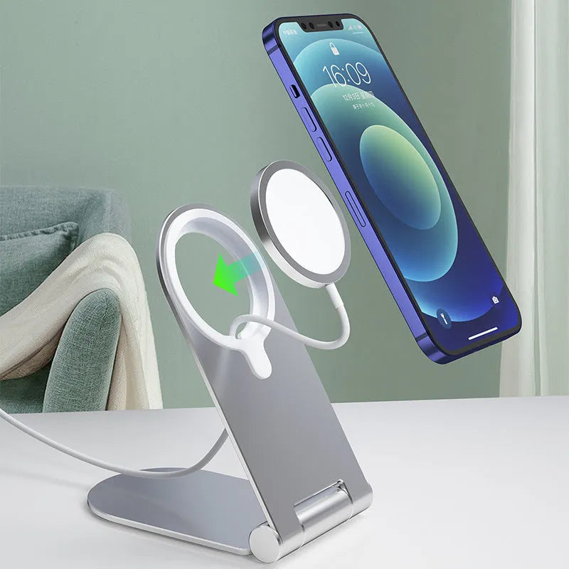 Silver portable magnetic phone bracket with vertical height adjustment for iPhone12