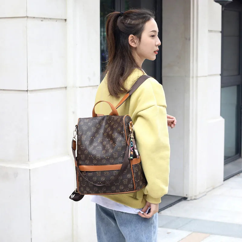 Korean fashion ladies soft leather backpack with embroidery large vertical square shape black