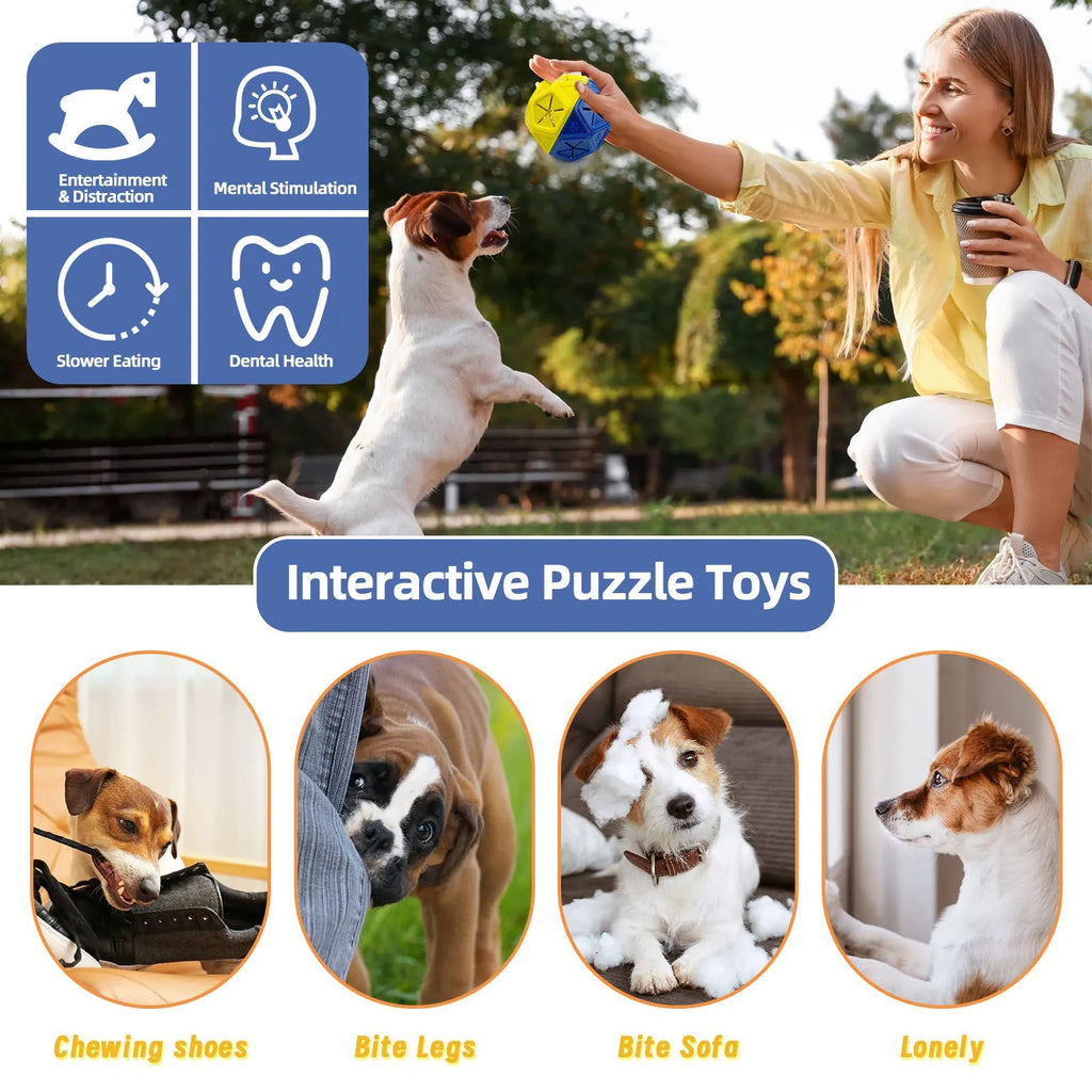 Blue interactive dog ball toy with hollow food-dispensing centre