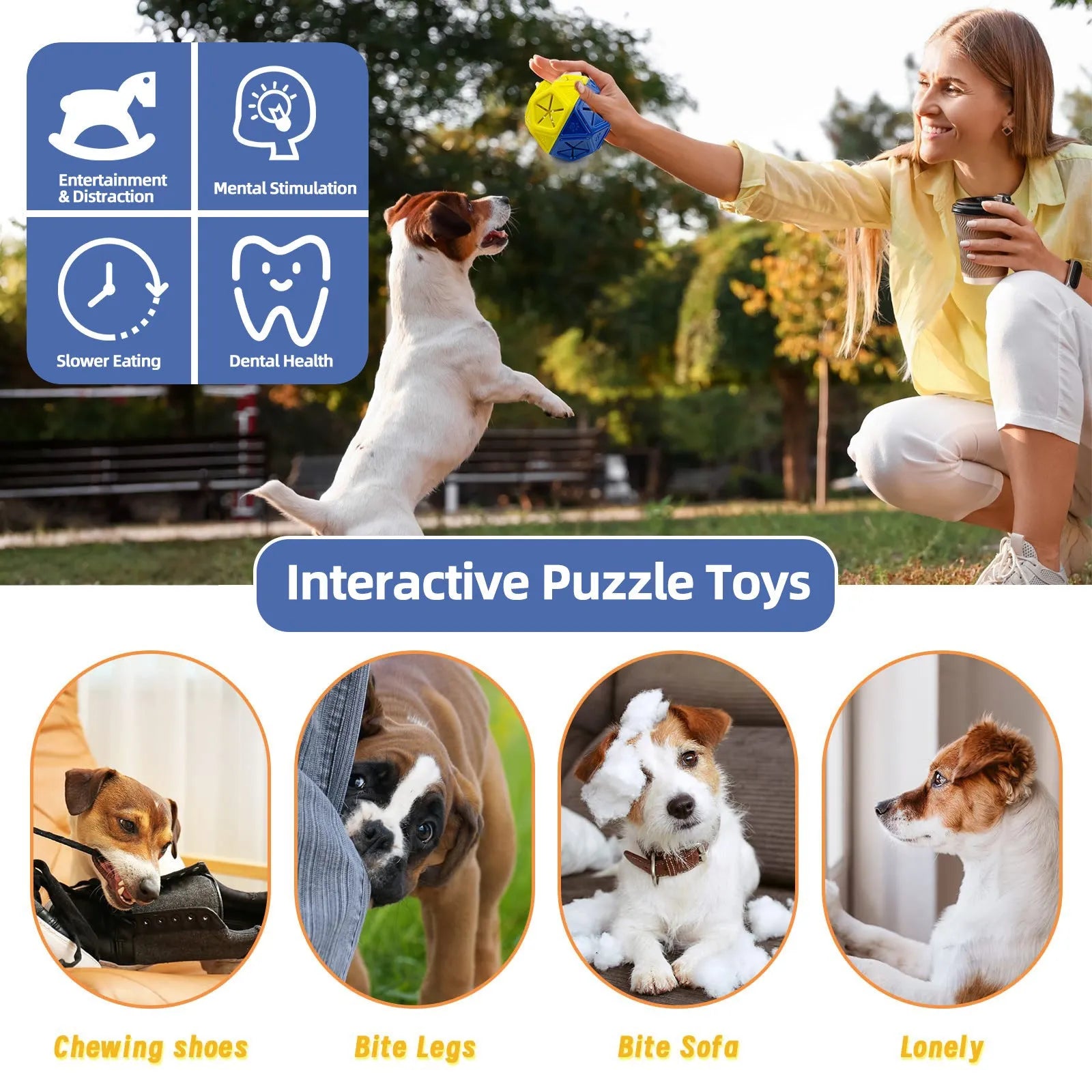 Blue interactive dog ball toy with hollow food-dispensing centre