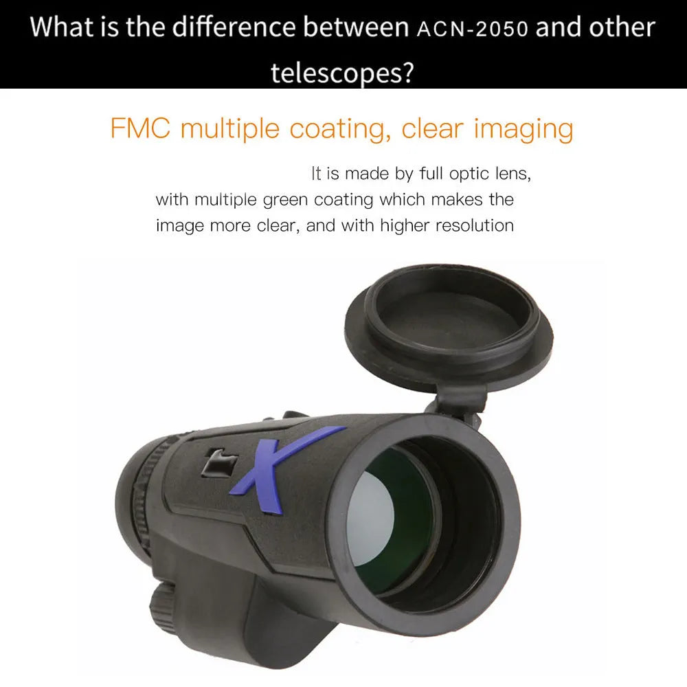 Black 20x50 monocular telescope with 22mm objective lens for outdoor observation