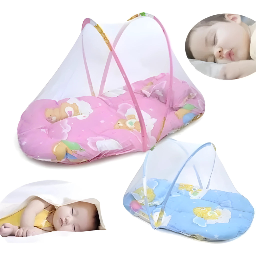 Foldable baby mosquito net tent with stainless steel frame in blue colour.