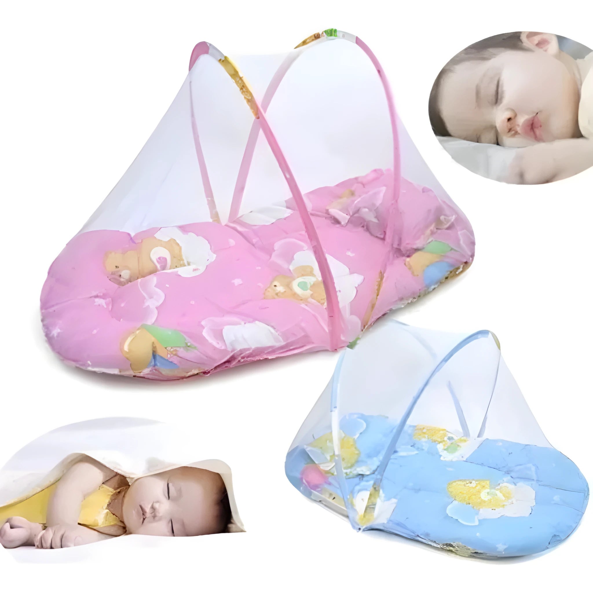 Foldable baby mosquito net tent with stainless steel frame in blue colour.