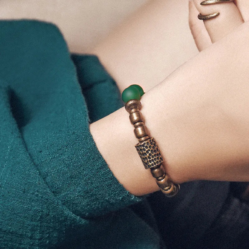 Retro ethnic style couples bracelet made with natural green and red agate beads.