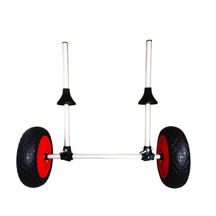 Foldable aluminium kayak cart with upright pole platform on a beach.