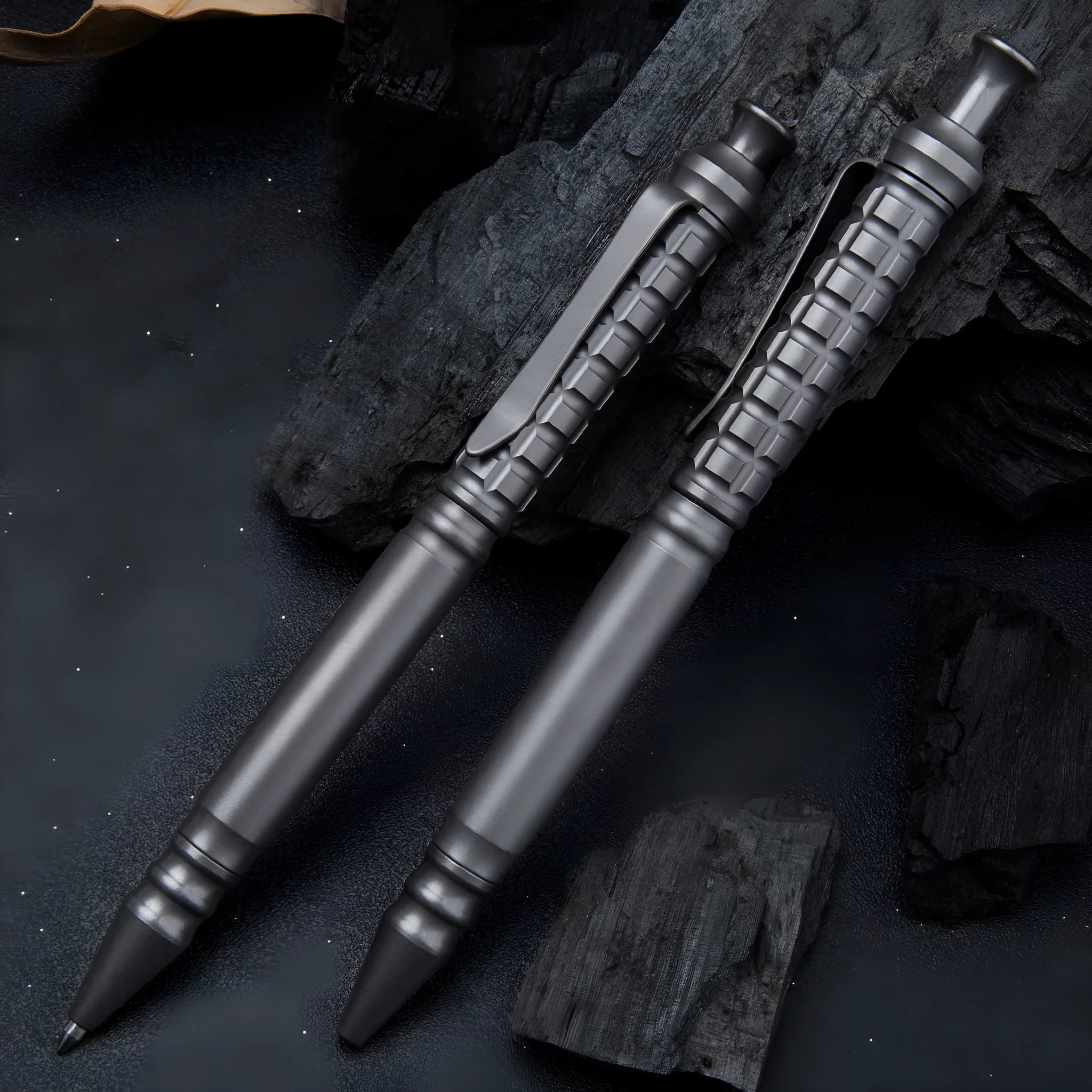 Gunmetal grey titanium alloy push-action business pen with gift box.