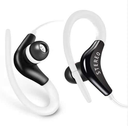 Wired earhook sport headphones with microphone in various colours including black, blue, red, rose red, and white