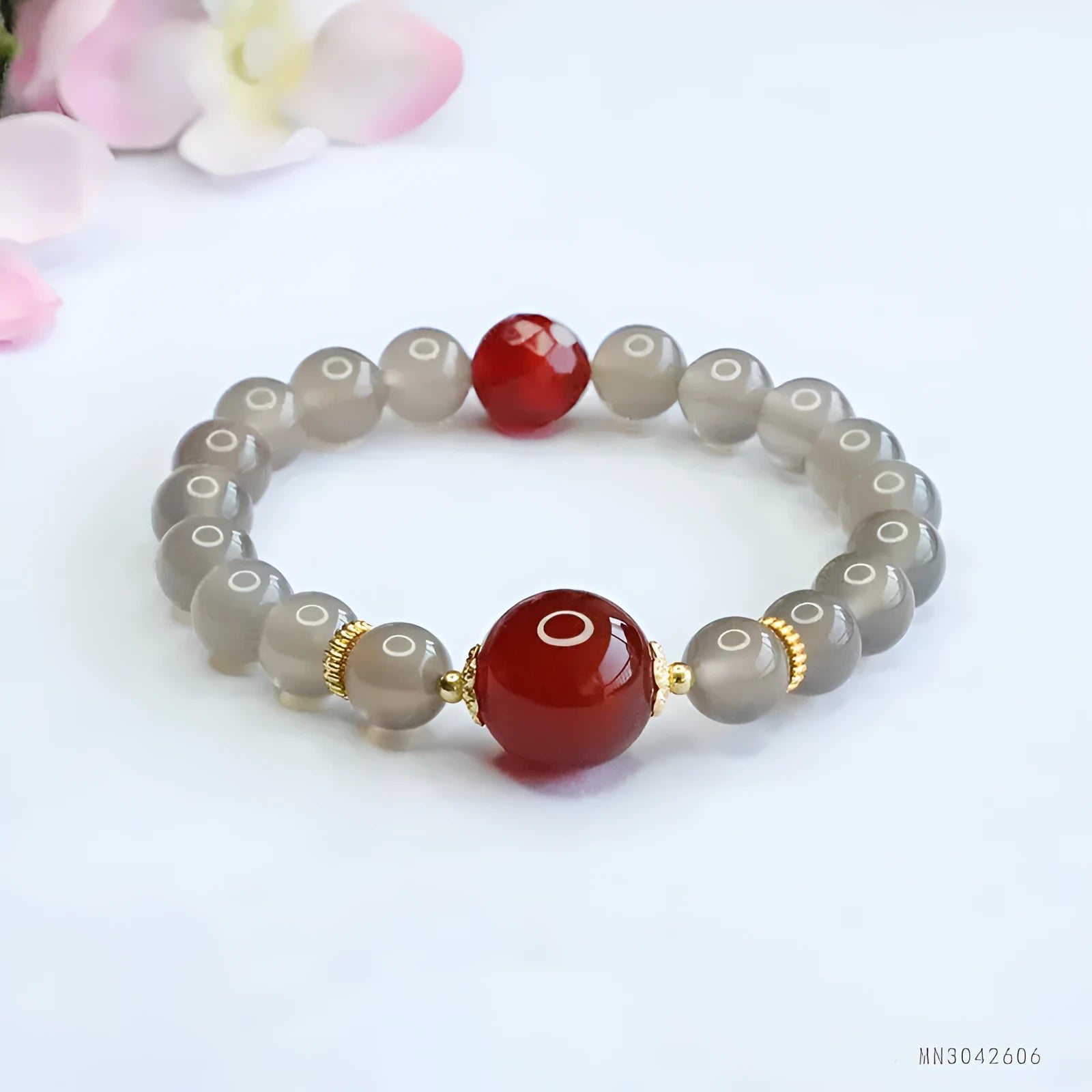 Natural smoky purple chalcedony red agate bracelet with 8mm geometry beads.