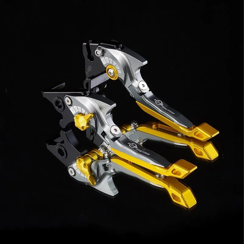 Pair of anodised aluminium motorcycle brake and clutch levers with six-speed adjustable length mechanism