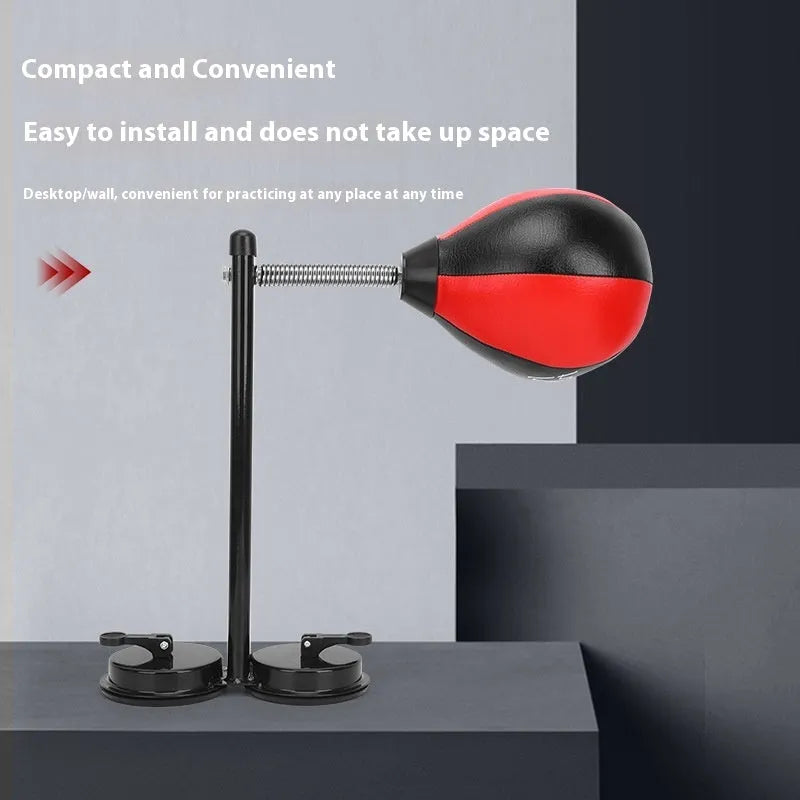 Red and black PU hanging boxing training ball with pump and mounting screw on a white background