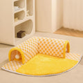 XL fan-shaped plaid tunnel pet bed for dogs and cats in coffee colour, showing plush fabric and anti-slip base.