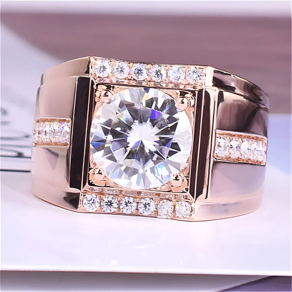 Men's adjustable geometric copper ring with a diamond zircon stone in rose gold electroplated finish.