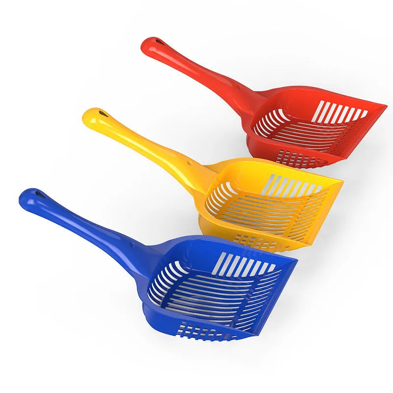 Plastic cat litter scoop in red, yellow, and blue colours showing small and medium size options