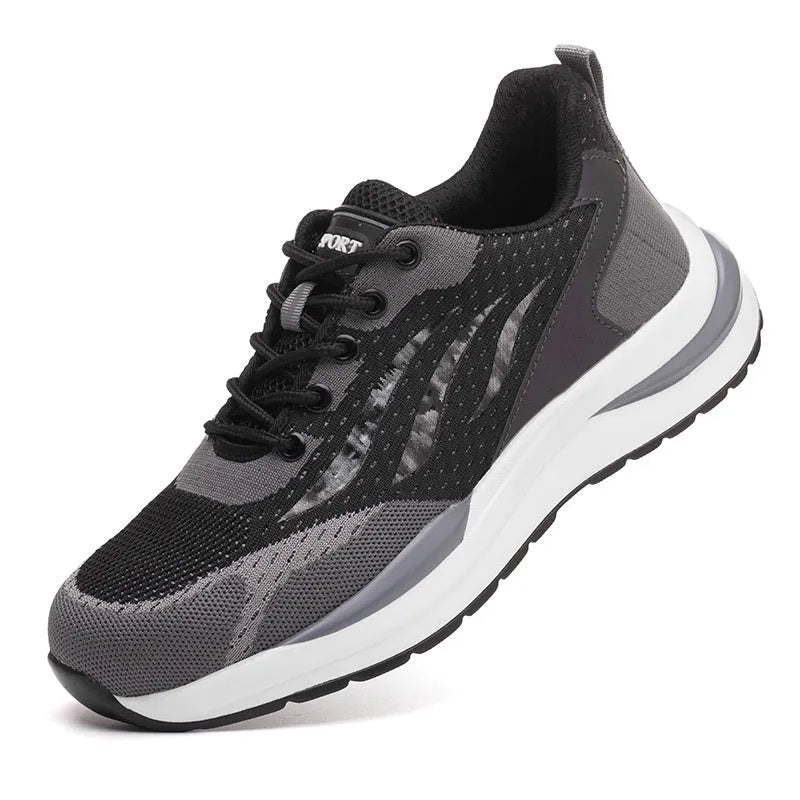 Men's black grey electrician safety shoes with plastic toe protection and shoelace binding