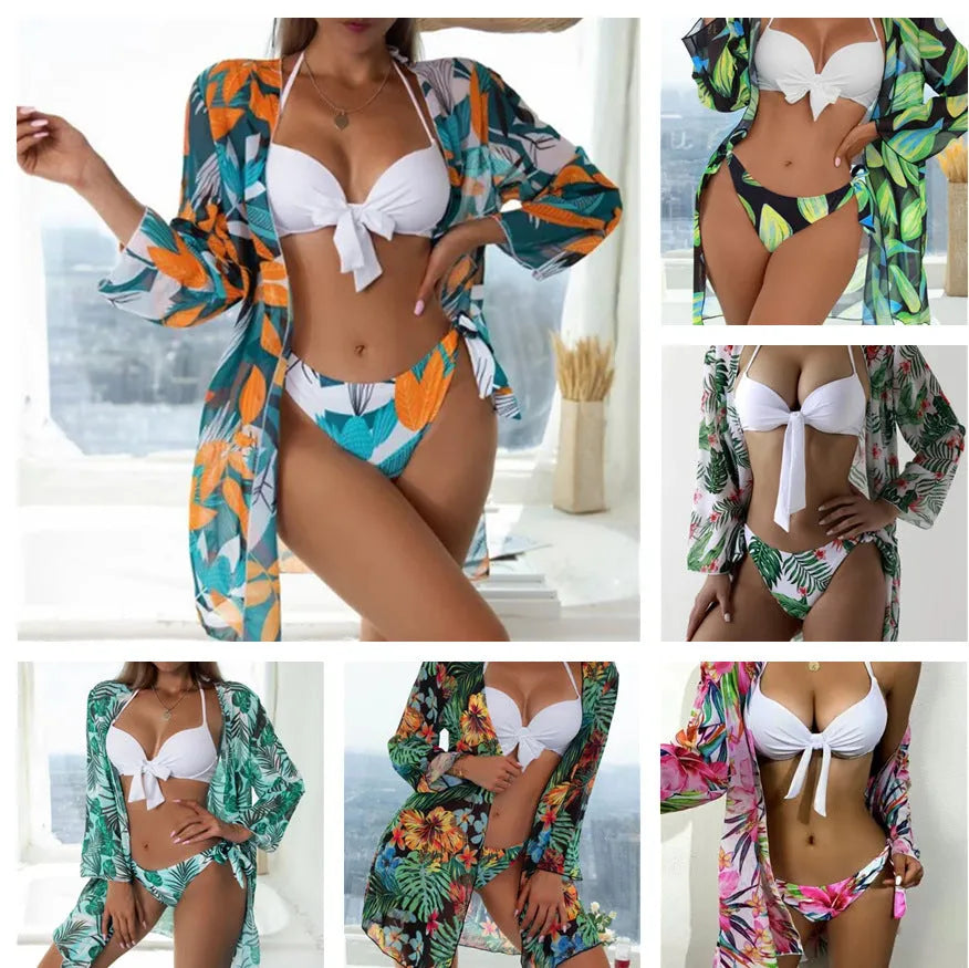 Women's three-piece bikini swimsuit with mesh split design in polyester fabric