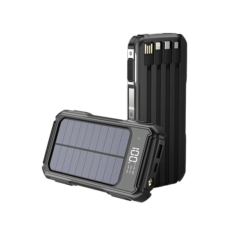 Military grade mobile power bank in black, green, or orange, showing compact size with 10000mAh or 20000mAh capacity.