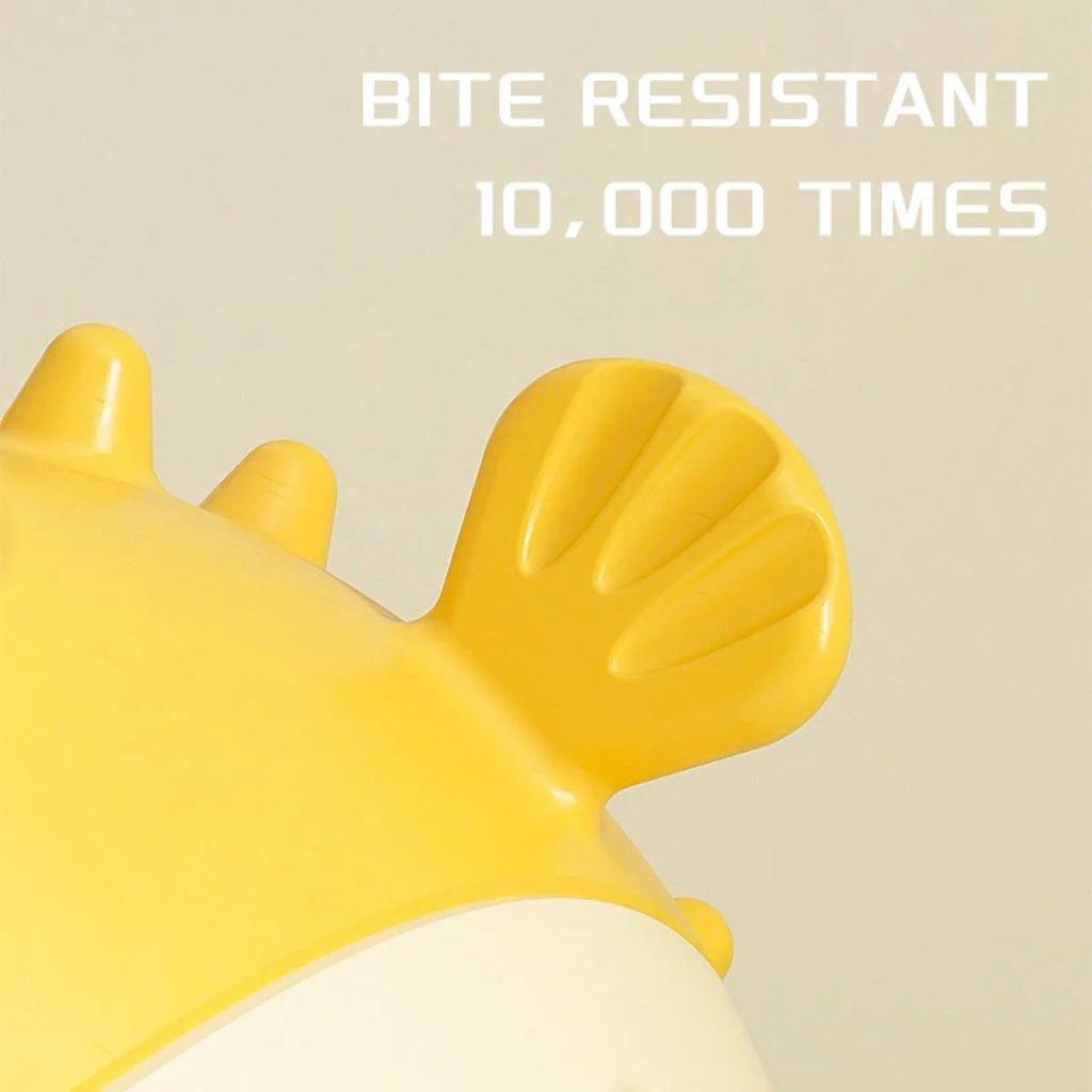 Yellow fish-shaped vinyl dog chew toy with textured surface for aggressive chewers