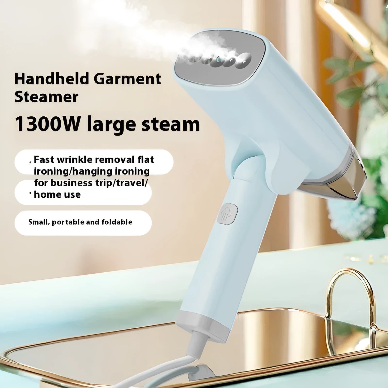 Blue handheld garment steamer with water tank and temperature controls for clothes steaming