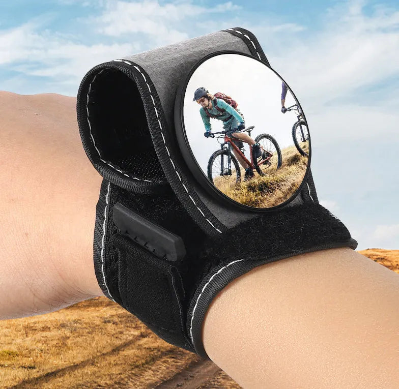 Black nylon cycling rear-view mirror with universal bicycle mount and adjustable viewing mechanism
