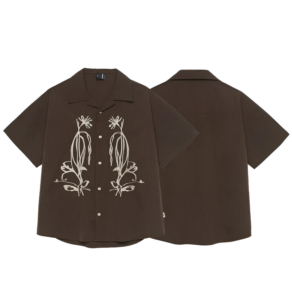 Brown striped polyester Cuban collar short sleeve shirt for outdoor camping