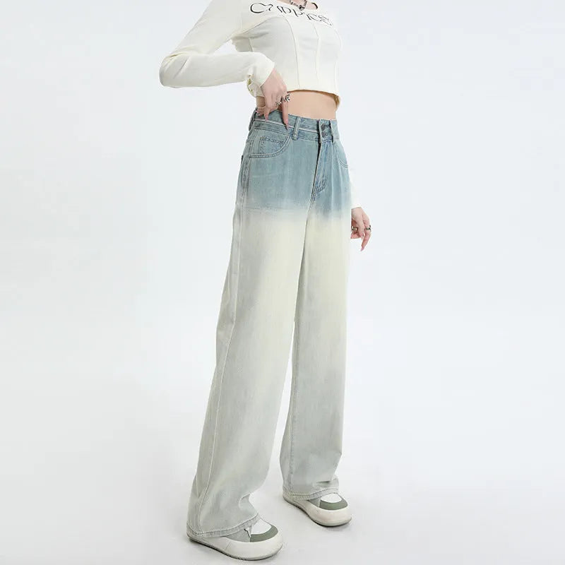 Women's gradient blue cotton denim straight-leg wide-leg trousers laid flat