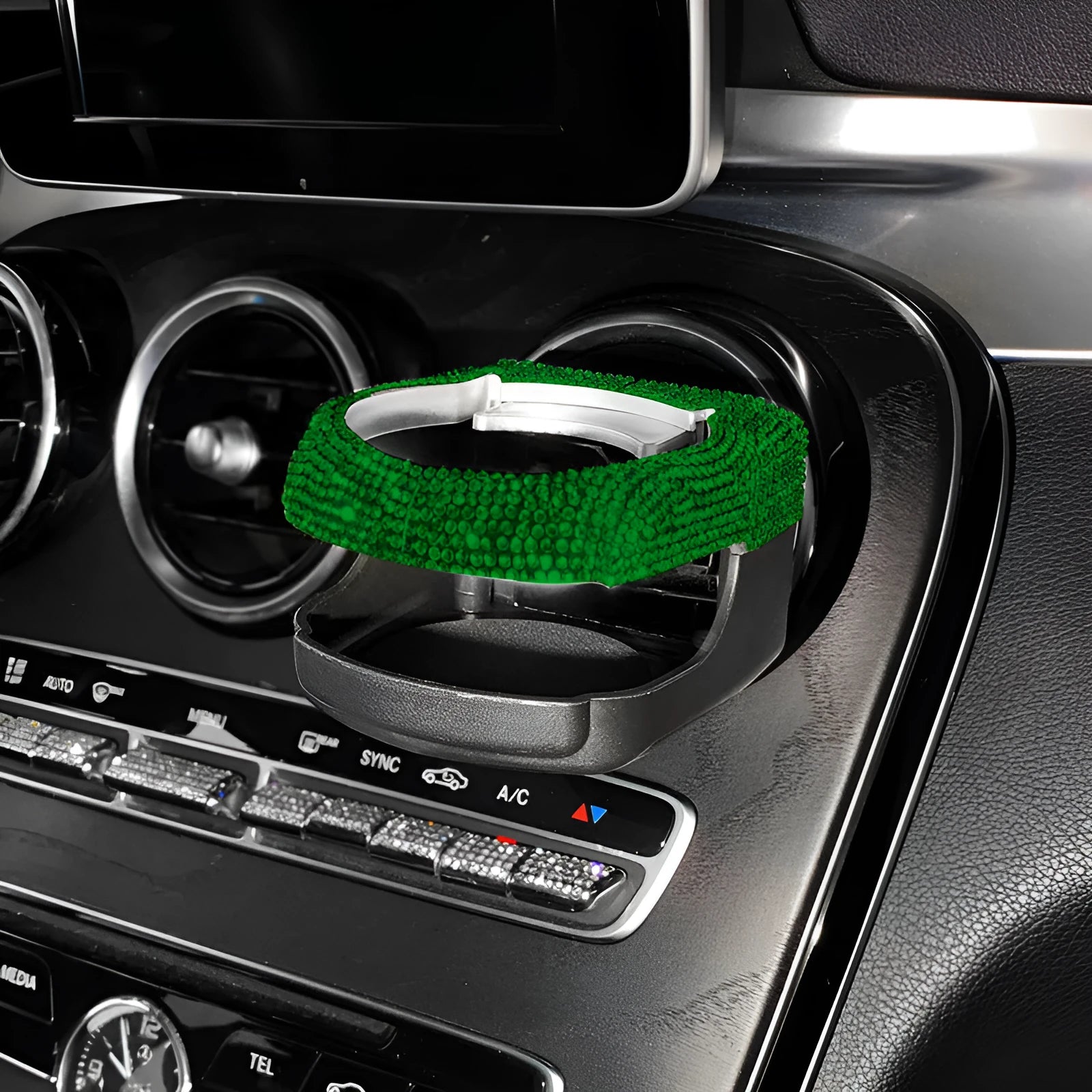 Diamond-decorated car cup holder bracket mounted on air vent in blue rhinestone finish