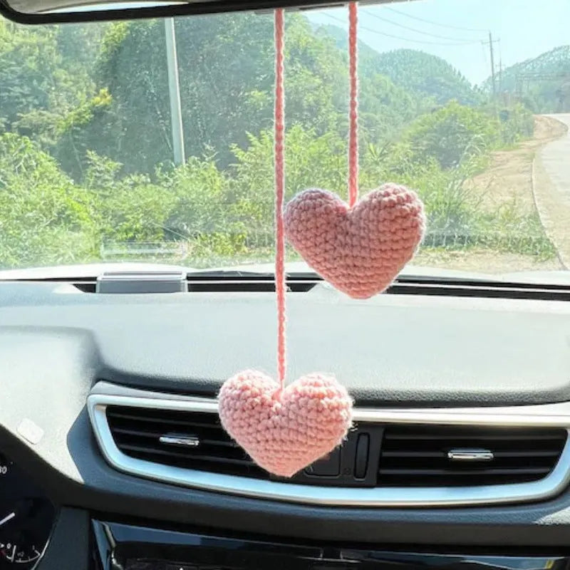 Green and white knitted wool car plant decoration with 8cm base and 25cm hanging rope