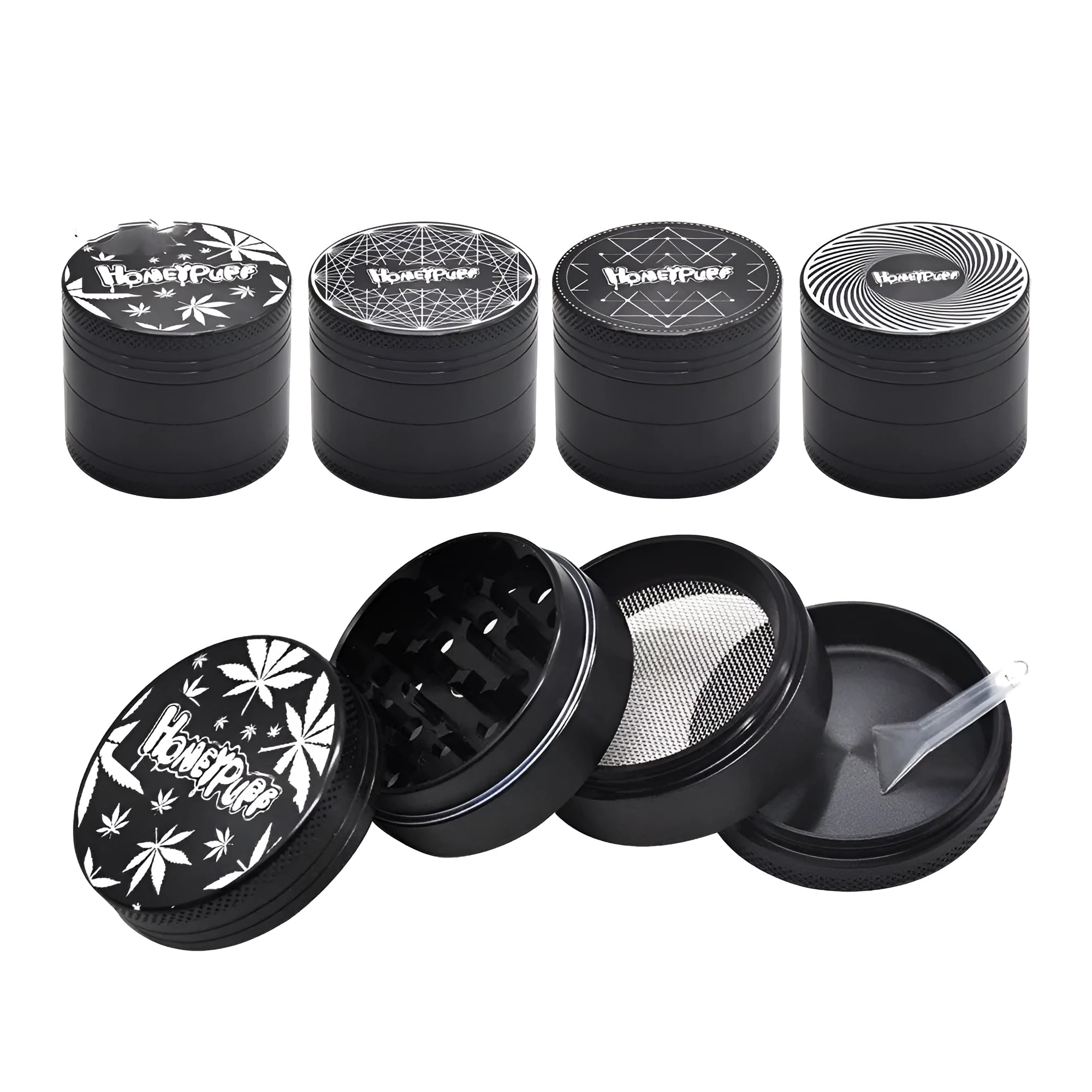 Four-layer T6 CNC aluminum alloy grinder with keychain razor bottle opener USB charging light and cash check lamp in black