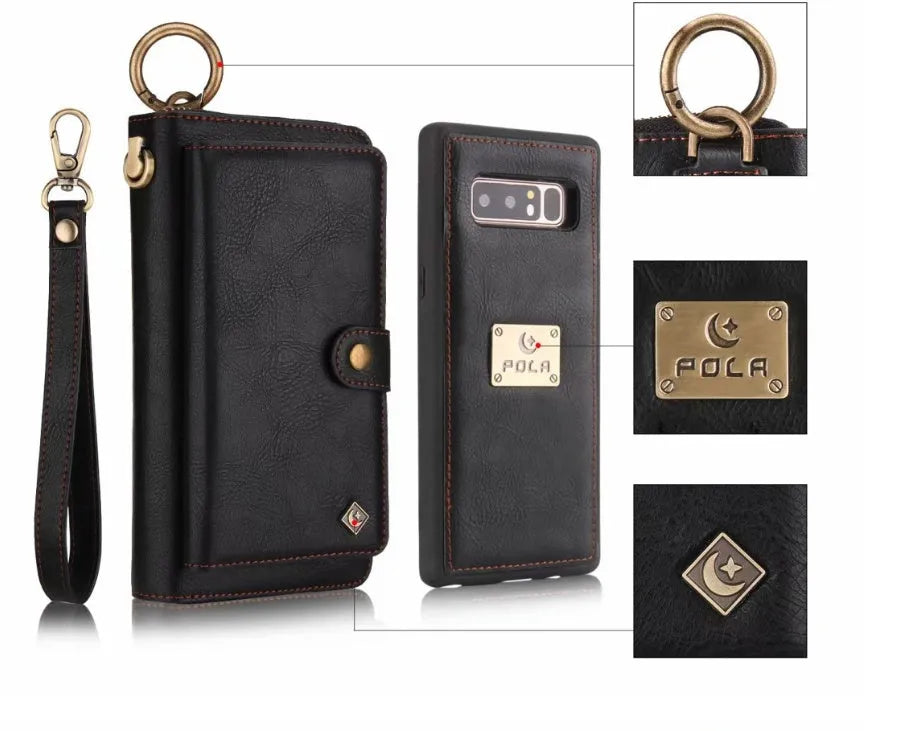 Black imitation leather wallet phone case with zip closure for Samsung Galaxy Note8.