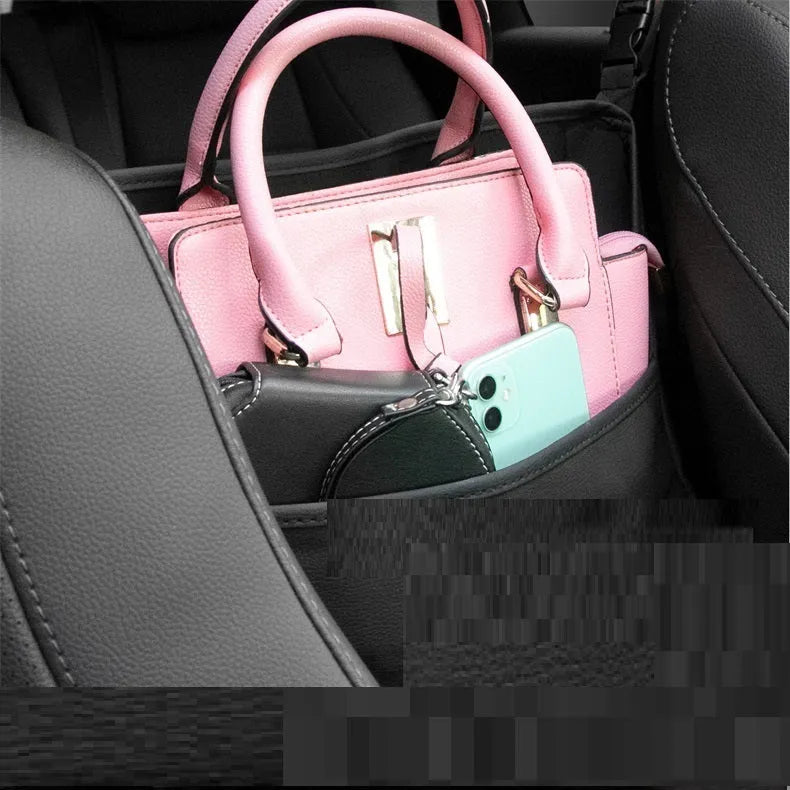 Multi function car centre console armrest storage bag in leather, 36x26x18 cm, black colour, installed between seats