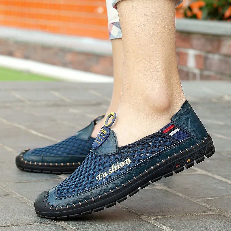 Men's brown breathable mesh casual shoes with round toe and non-slip rubber sole.