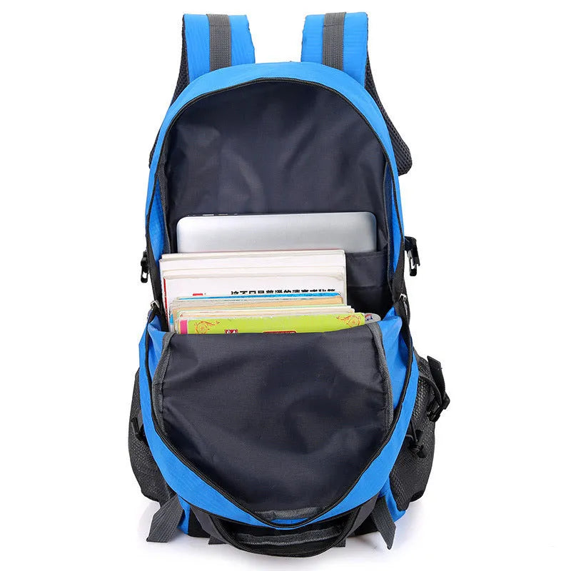 Outdoor mountaineering backpack in army green, 53cm height, waterproof nylon material with padded straps