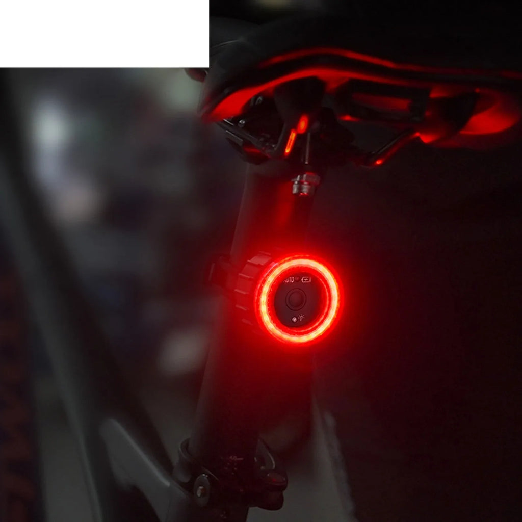 Black intelligent induction brake taillight for bicycles with aluminium alloy housing and seat tube bracket.