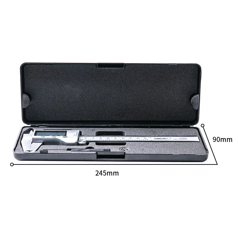 Deli digital vernier caliper stainless steel precision measuring tool with LCD display showing measurement