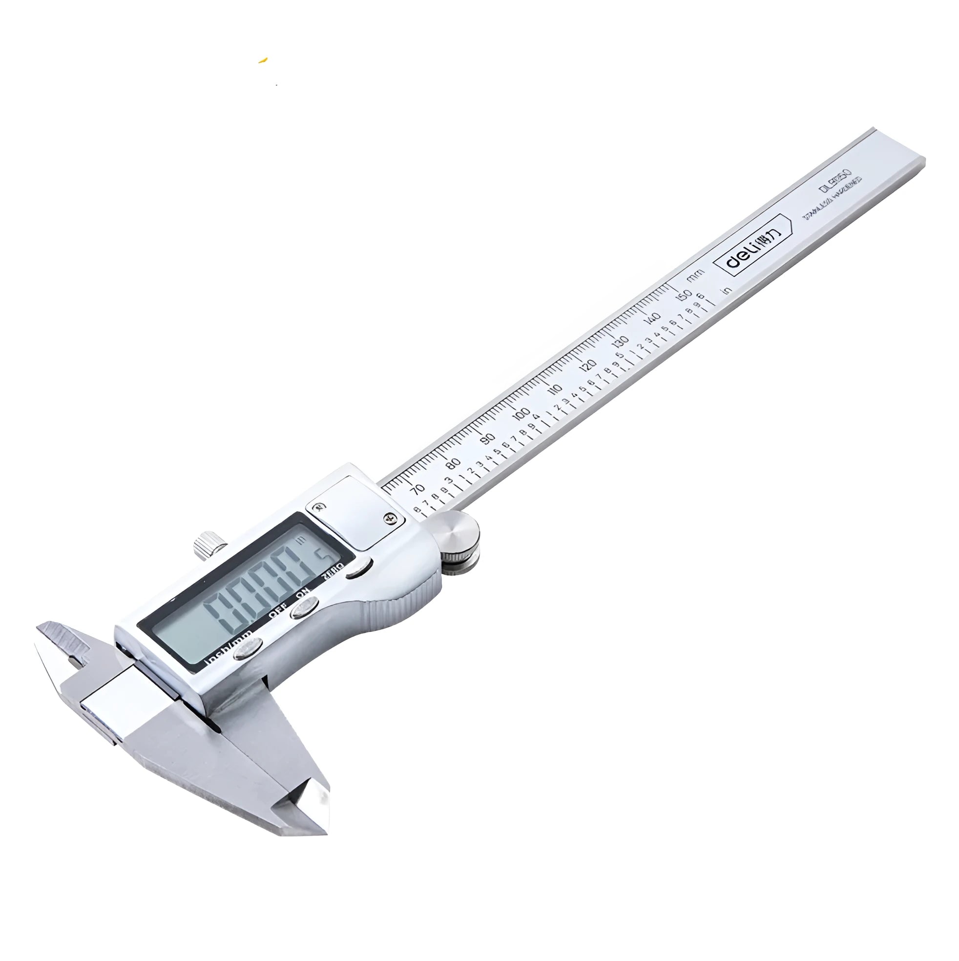 Deli digital vernier caliper stainless steel precision measuring tool with LCD display showing measurement