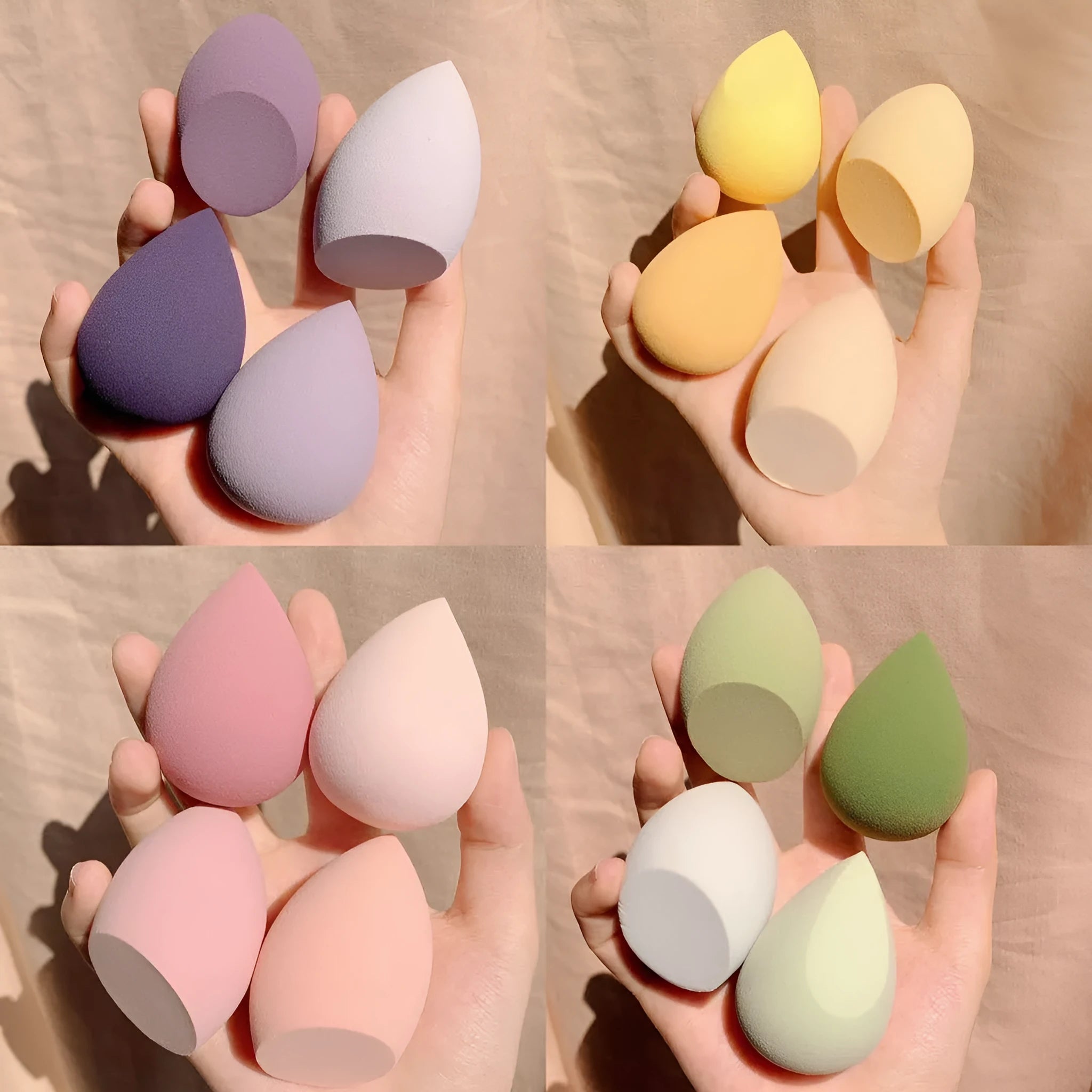 Four colourful makeup sponge eggs in Grape, Mango, Mint and Peach on white background
