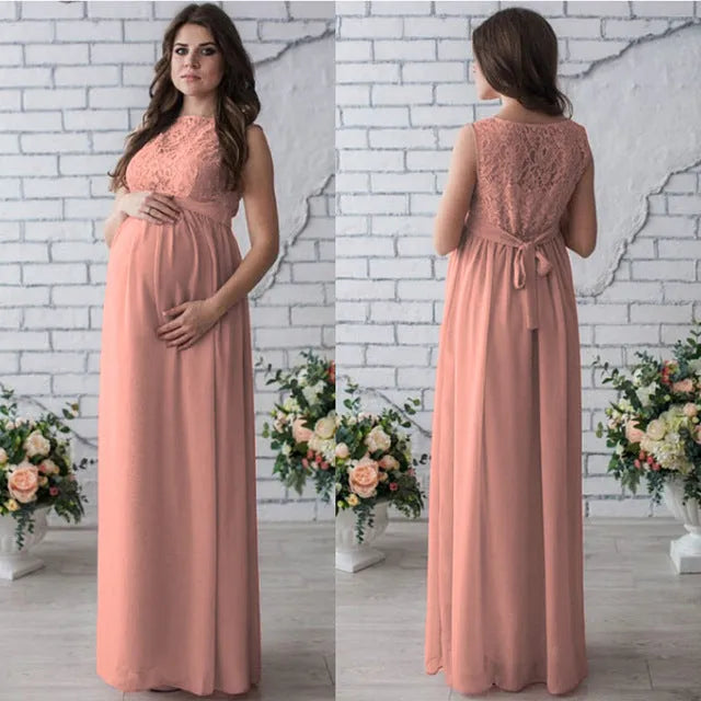 Lace sleeveless maternity dress with stretch waist in white – polyester fabric baby shower dress