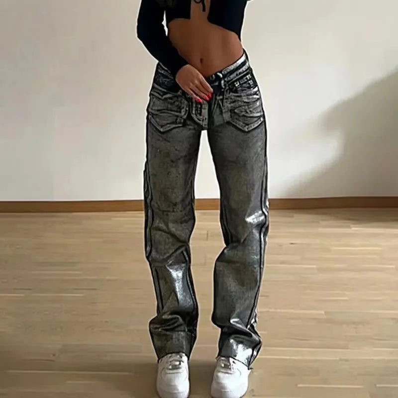 High waist straight leg denim jeans in washed blue with street hipster style and contrast colour details