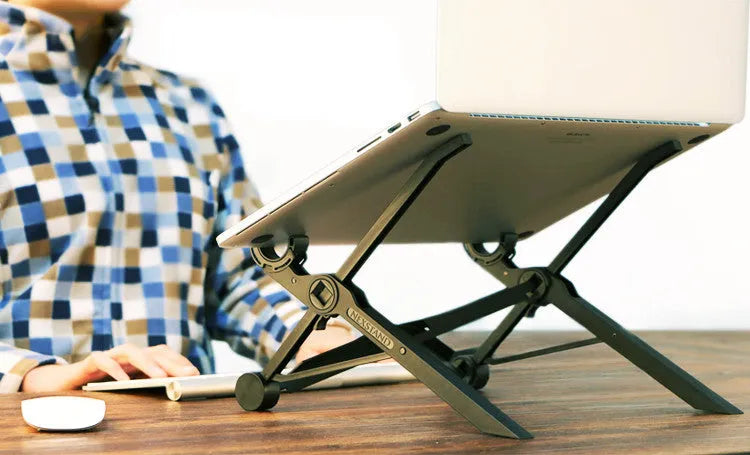 Black folding laptop stand with aluminium frame and reinforced nylon platform in extended position