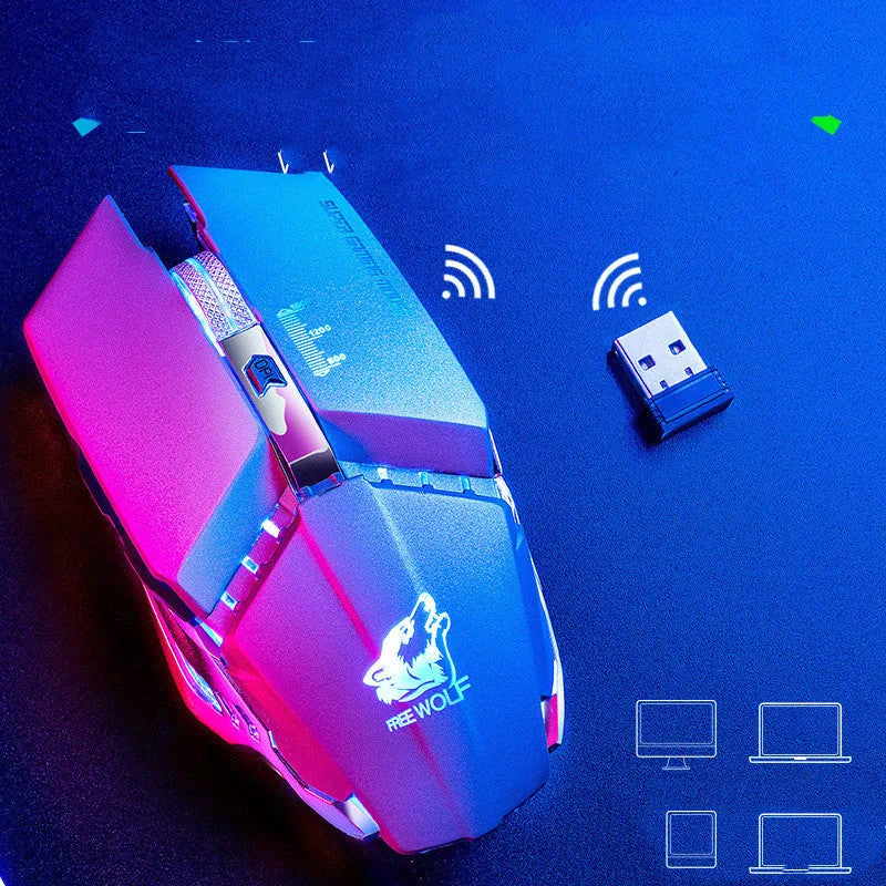 Rechargeable black wireless gaming mouse with six buttons and scroll wheel on a mouse pad