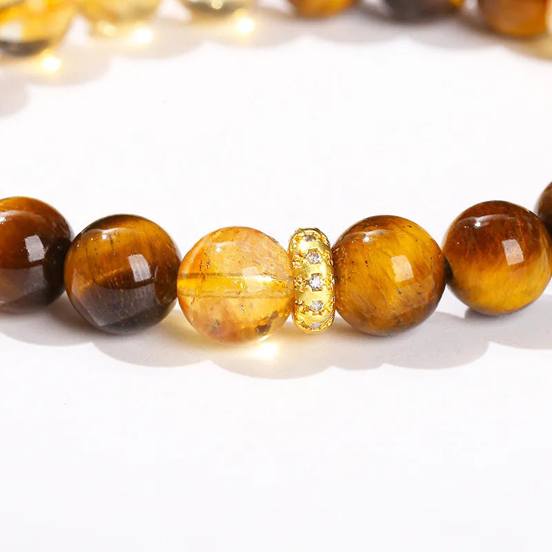 Natural yellow tiger eye stone bracelet with mixed yellow tower crystal beads in 8mm geometric round design