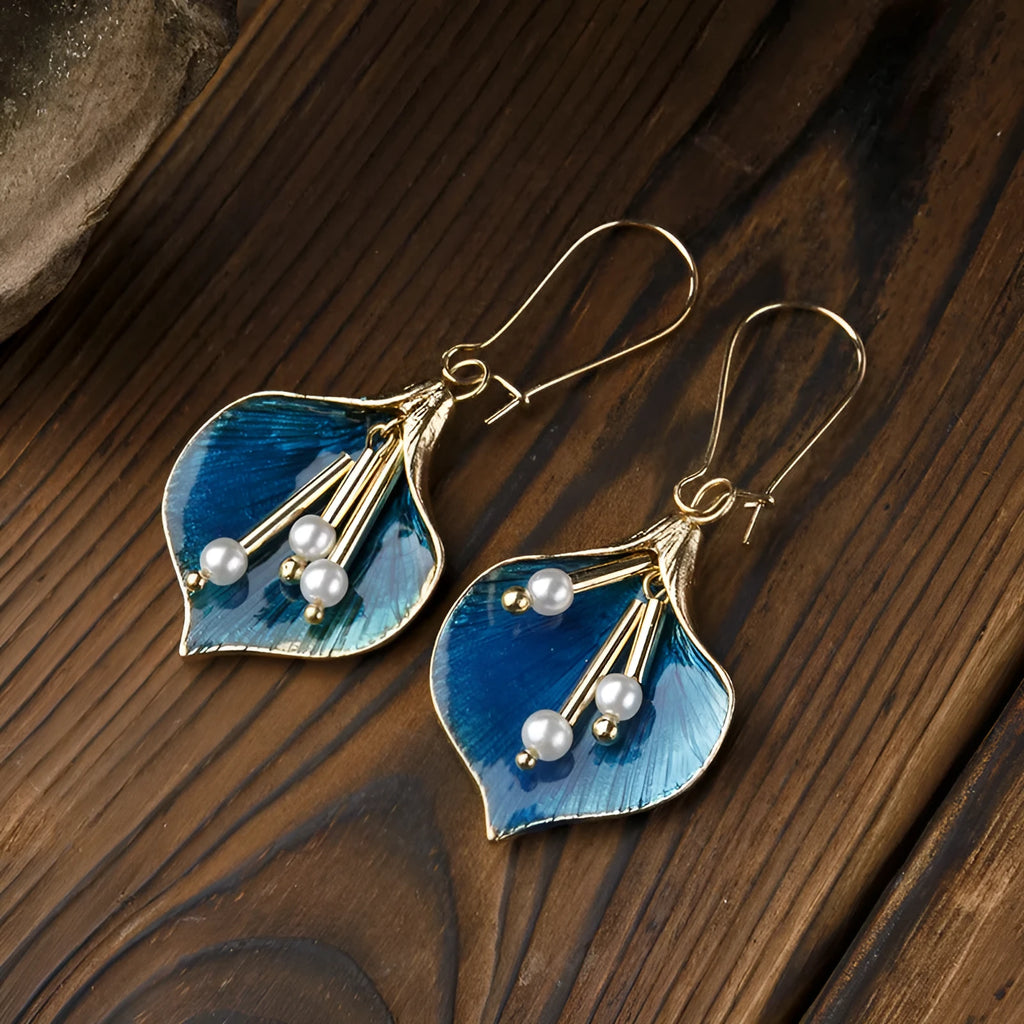 Retro flower earrings for women, alloy electroplated finish, blue and green colour options