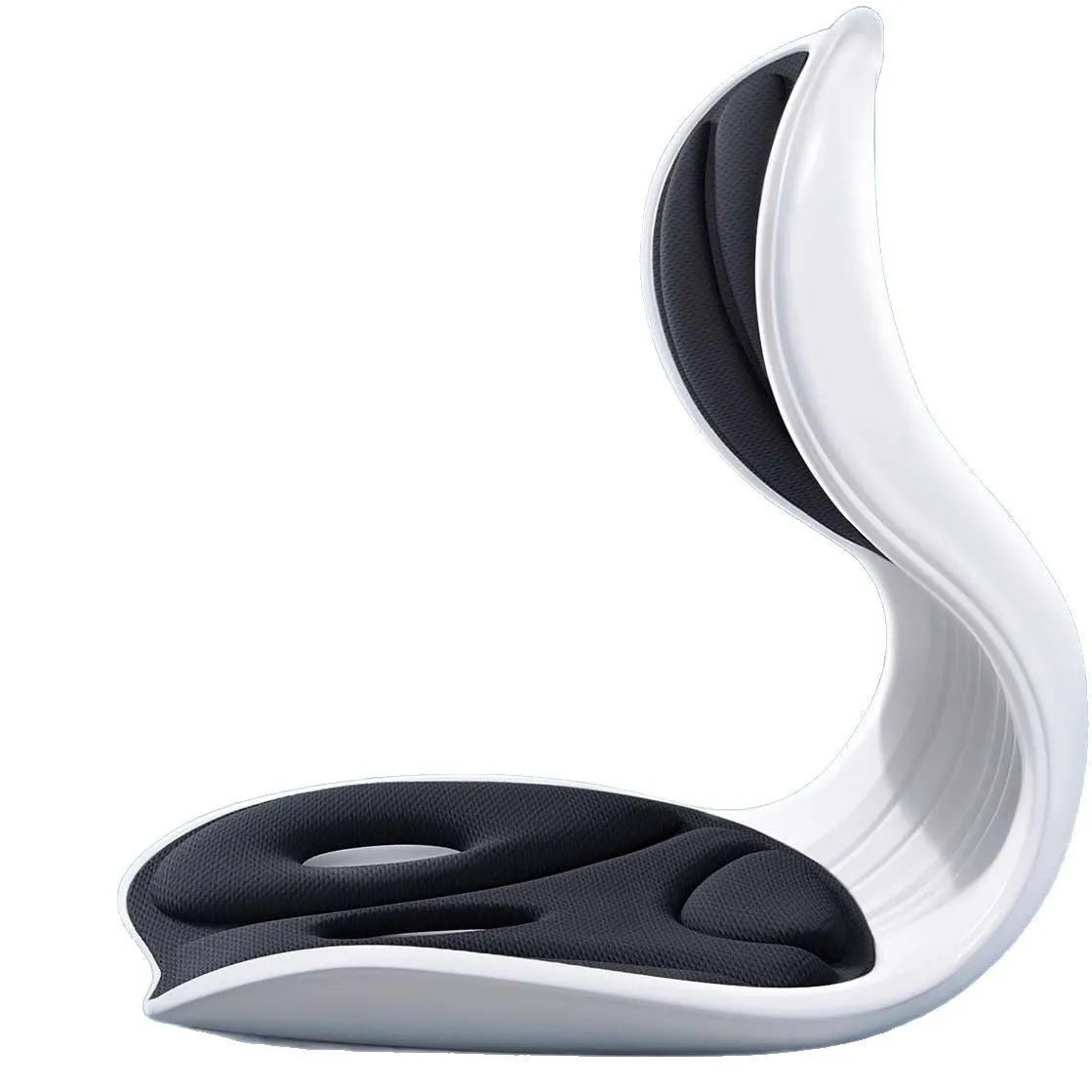 Grey lumbar support cushion with Japanese-style design for office or car seat.