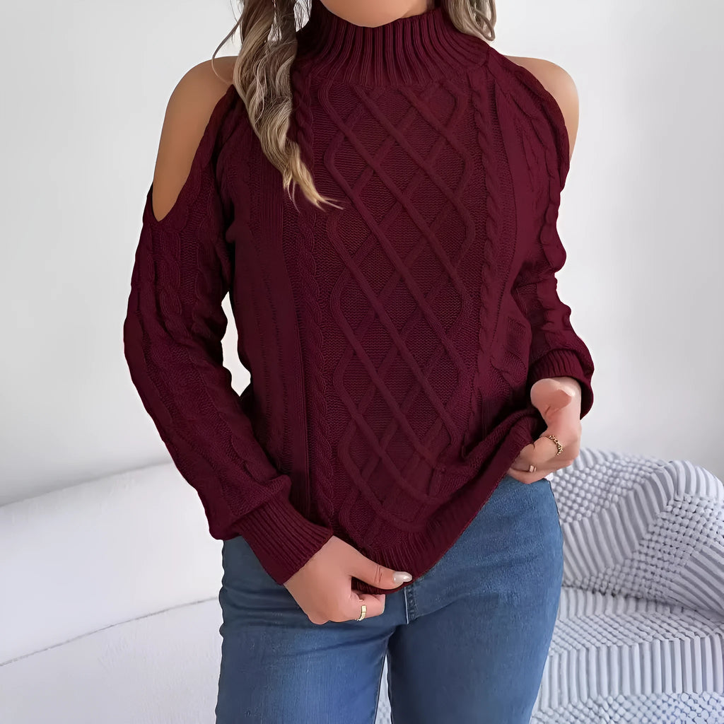 Women's strapless twist pattern sweater with half-high collar and lantern sleeves
