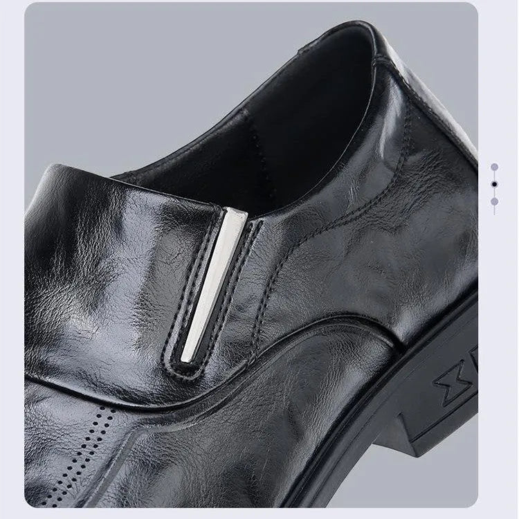 Men's black cowhide leather slip-on casual shoes with rubber sole