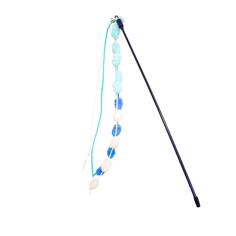 Rainbow cotton candy coloured cat teaser wand with bell, tassel, and plush ball