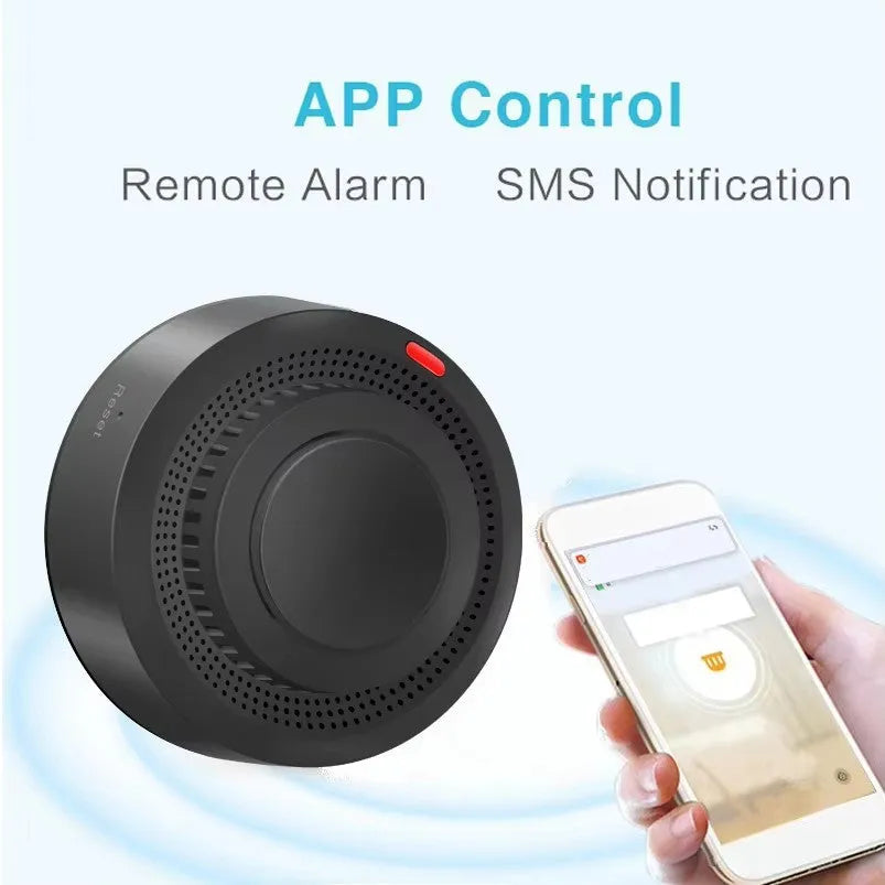 WiFi smart home smoke alarm detector black ceiling mounted with 20m detecting range 80db alarm 4 pack