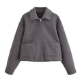 Women's grey PU short jacket with shirt collar and front zipper, regular fit with long sleeves