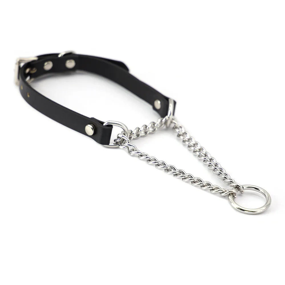 Black cowhide leather punk-style collar with buckle and matching leash with a hand grip section.